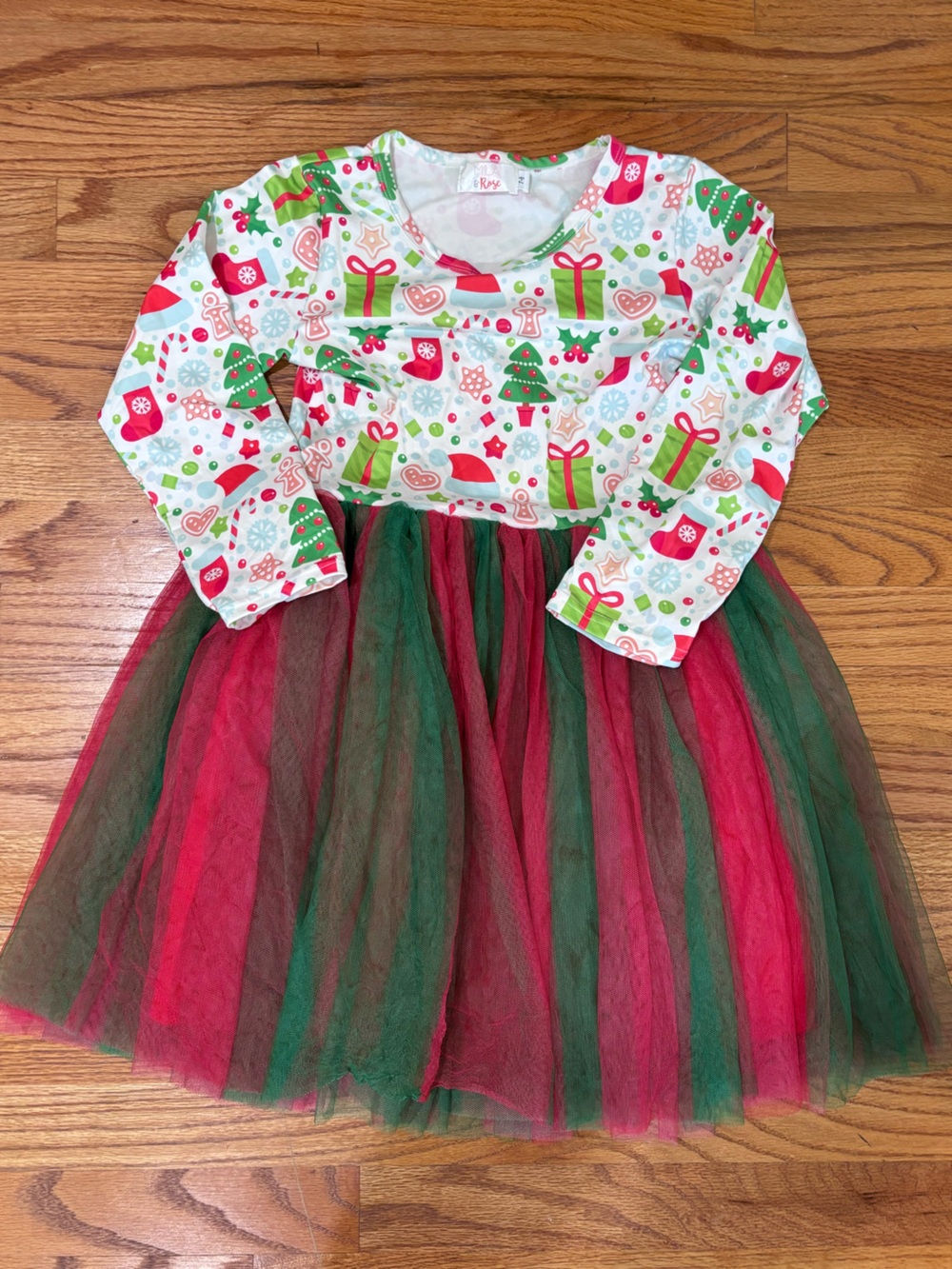 Mila & Rose Kids Holiday Tulle Dress - Red & Green Christmas Print 7-8